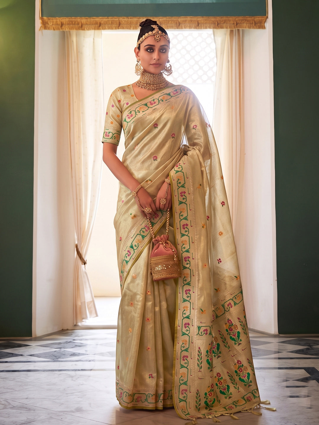 Sutriti Beige Tissue Silk Saree for Women Festive Party Wedding Wear
