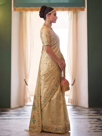 Sutriti Beige Tissue Silk Saree for Women Festive Party Wedding Wear