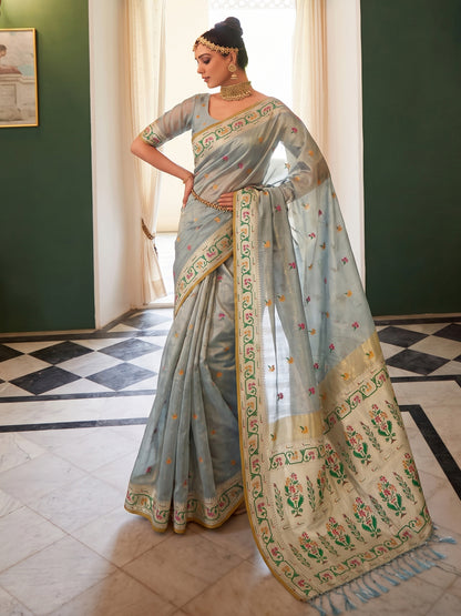 Sutriti Sky Blue Tissue Silk Saree for Women Festive Party Wedding Wear