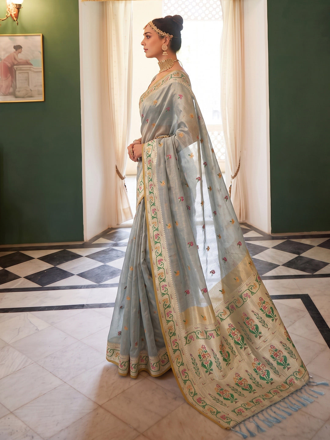 Sutriti Sky Blue Tissue Silk Saree for Women Festive Party Wedding Wear