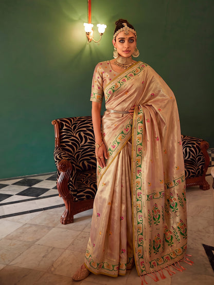 Sutriti Cream Tissue Silk Saree for Women Festive Party Wedding Wear