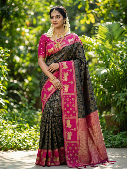 Sutriti Women Black Soft Silk Saree with Pink Nandi Zari Temple Border