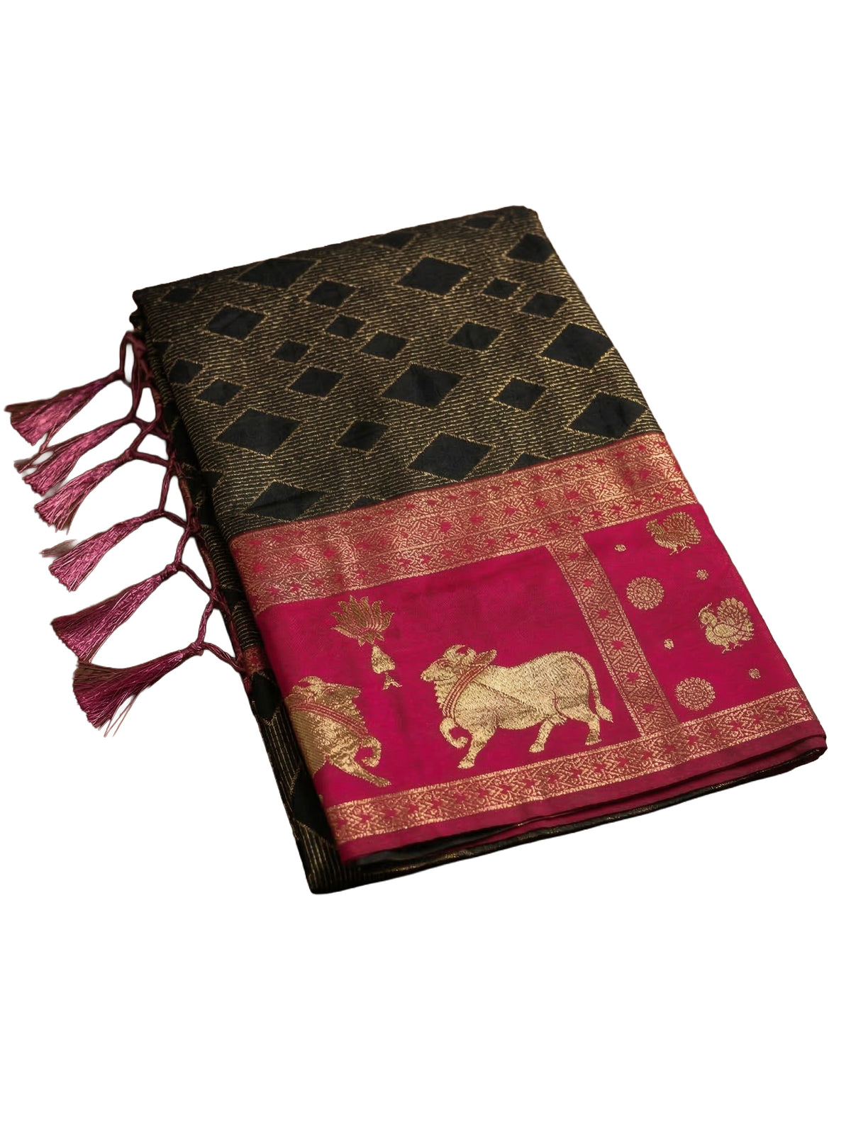 Sutriti Women Black Soft Silk Saree with Pink Nandi Zari Temple Border