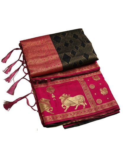Sutriti Women Black Soft Silk Saree with Pink Nandi Zari Temple Border