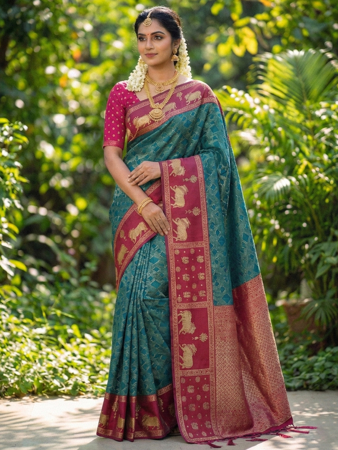 Sutriti Women Teal Blue Soft Silk Saree with Pink Nandi Zari Border