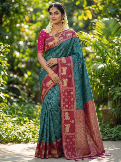 Sutriti Women Teal Blue Soft Silk Saree with Pink Nandi Zari Border