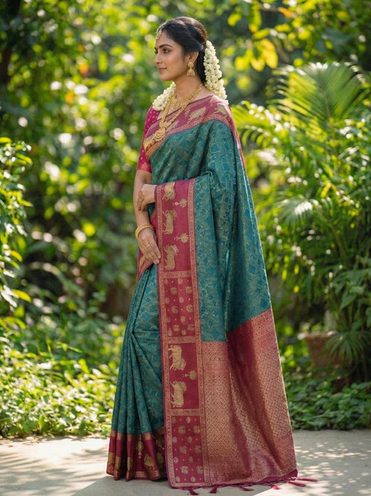 Sutriti Women Teal Blue Soft Silk Saree with Pink Nandi Zari Border