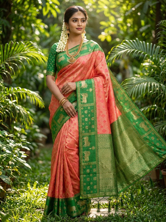 Sutriti Women Peach Soft Silk Saree with Green Nandi Zari Border