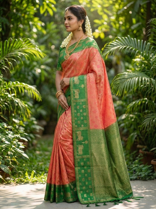 Sutriti Women Peach Soft Silk Saree with Green Nandi Zari Border