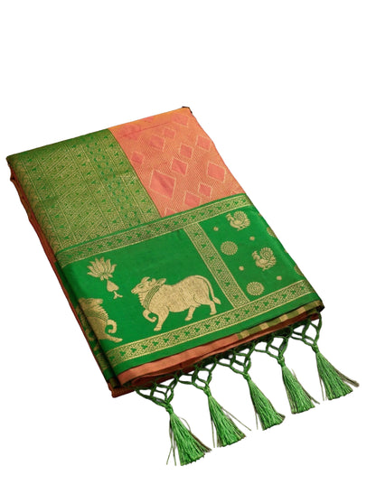Sutriti Women Peach Soft Silk Saree with Green Nandi Zari Border
