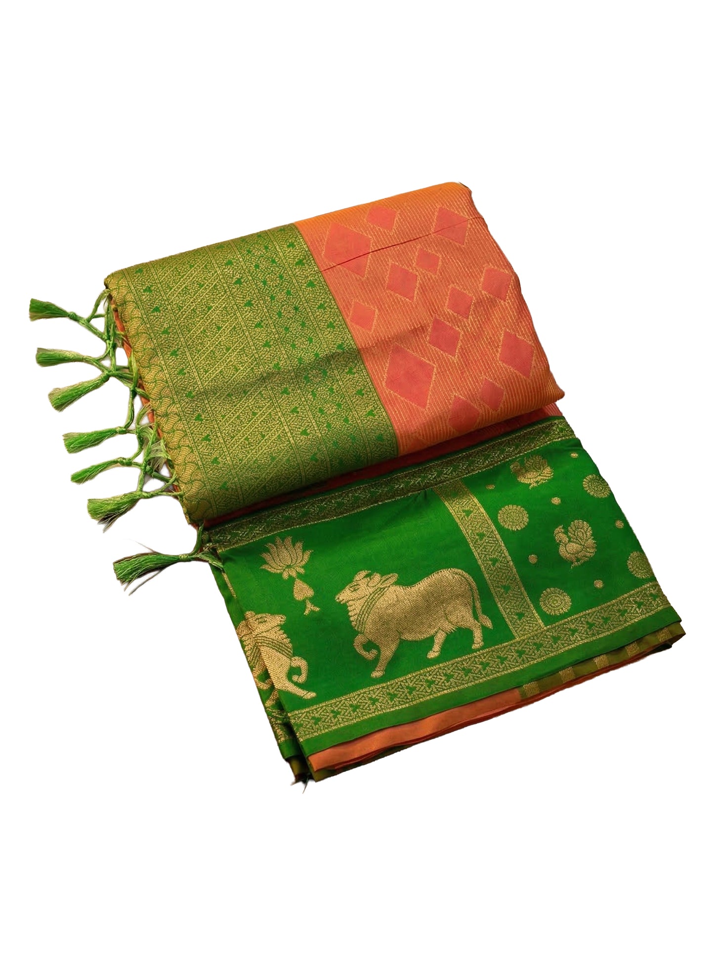 Sutriti Women Peach Soft Silk Saree with Green Nandi Zari Border