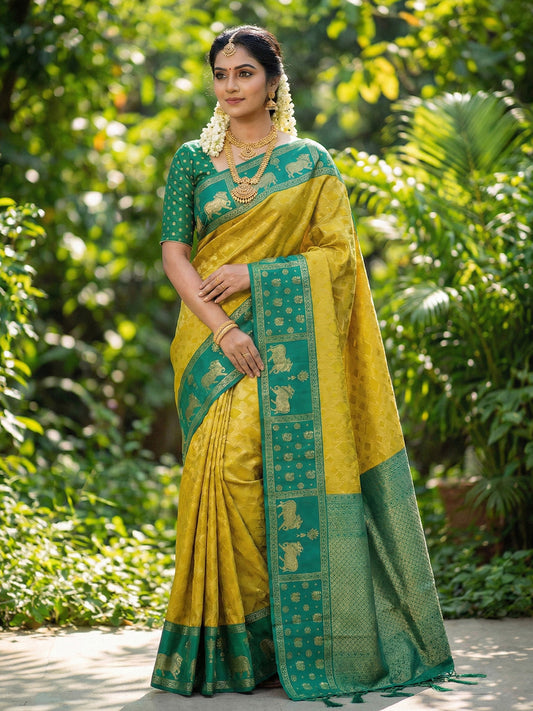 Sutriti Women Yellow Soft Silk Saree with Green Nandi Zari Border