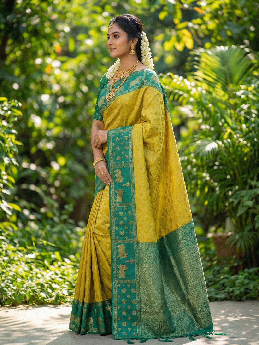 Sutriti Women Yellow Soft Silk Saree with Green Nandi Zari Border