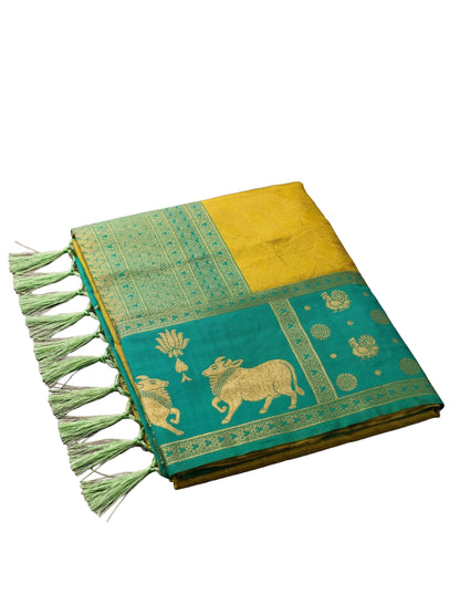 Sutriti Women Yellow Soft Silk Saree with Green Nandi Zari Border