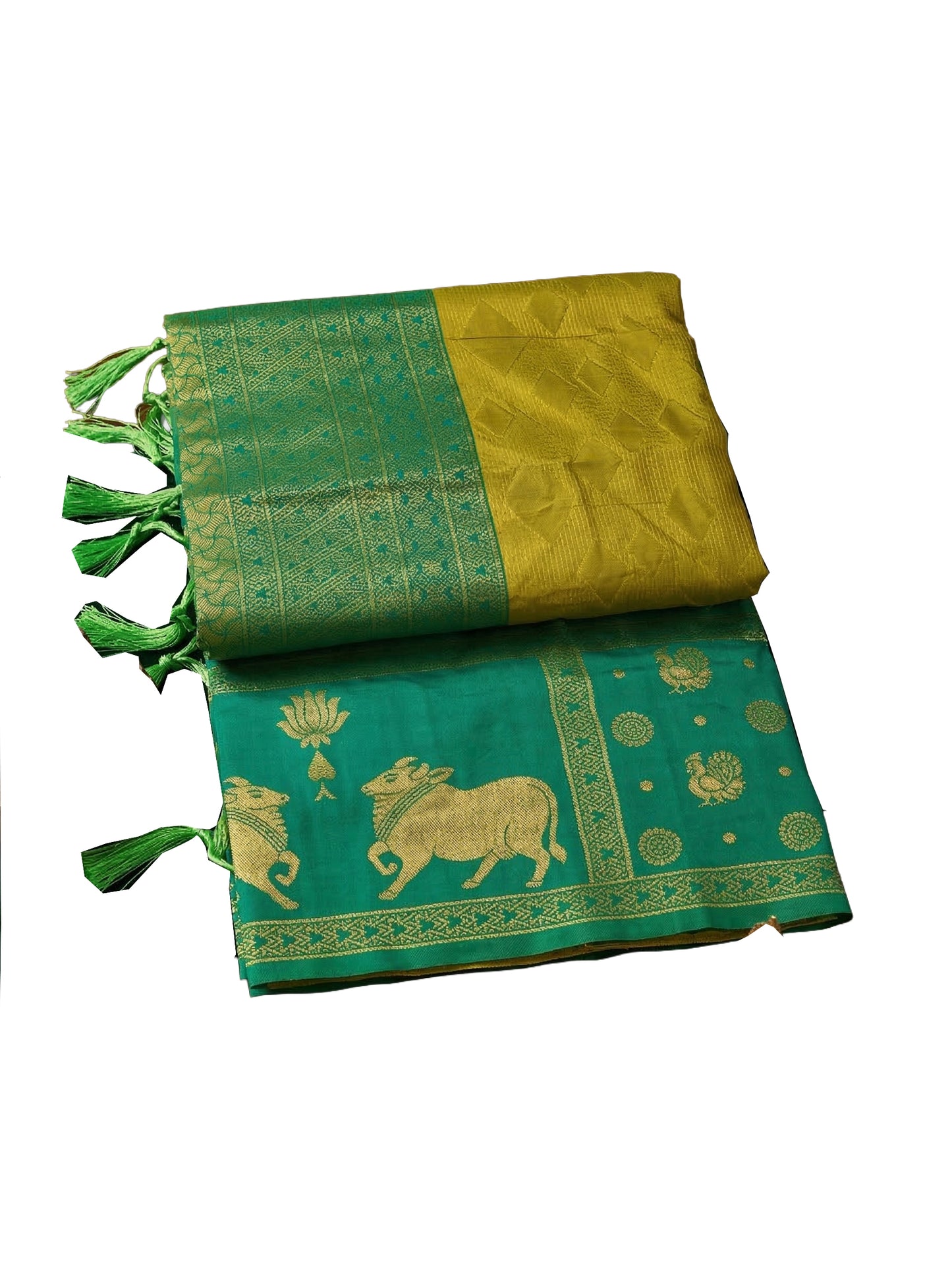 Sutriti Women Yellow Soft Silk Saree with Green Nandi Zari Border