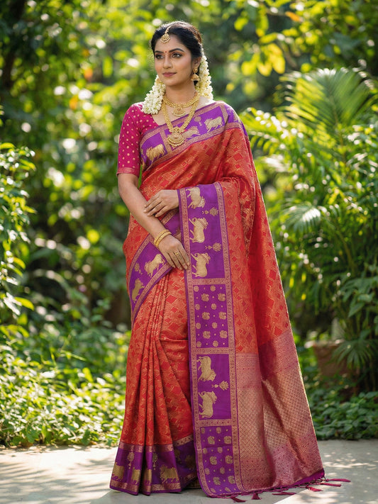 Sutriti Women Rust Orange Soft Silk Saree with Purple Nandi Zari Border