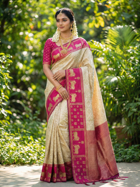 Sutriti Women Cream Soft Silk Saree with Pink Nandi Zari Border