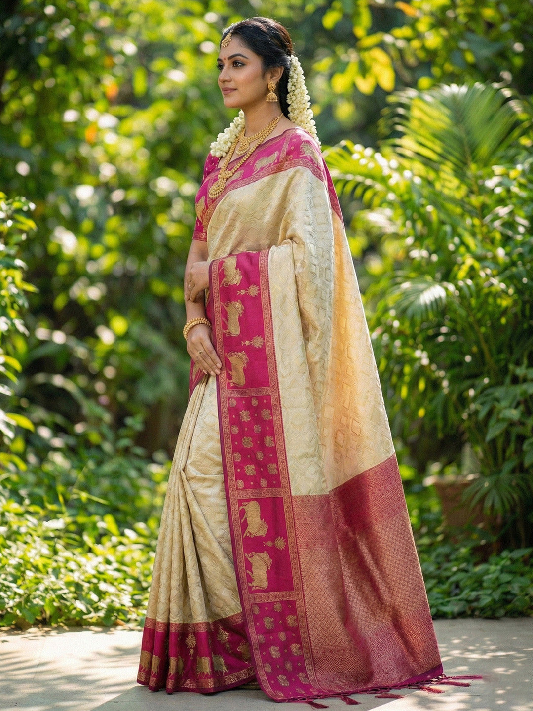 Sutriti Women Cream Soft Silk Saree with Pink Nandi Zari Border