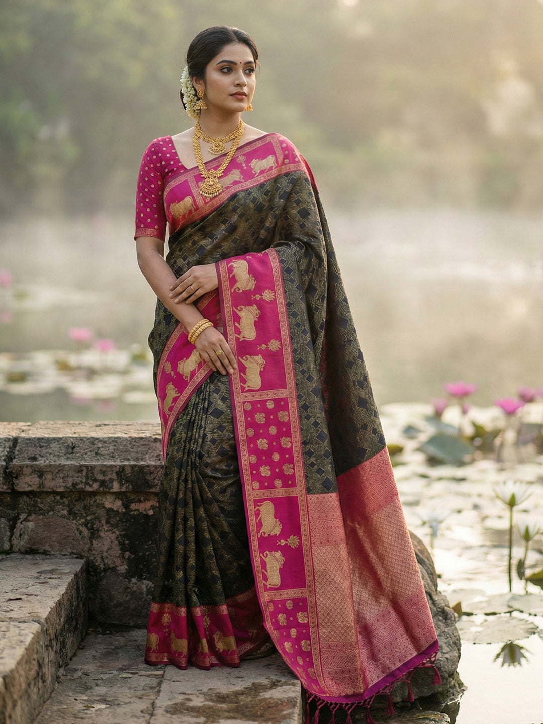Sutriti Women Black Soft Silk Saree with Pink Nandi Zari Temple Border