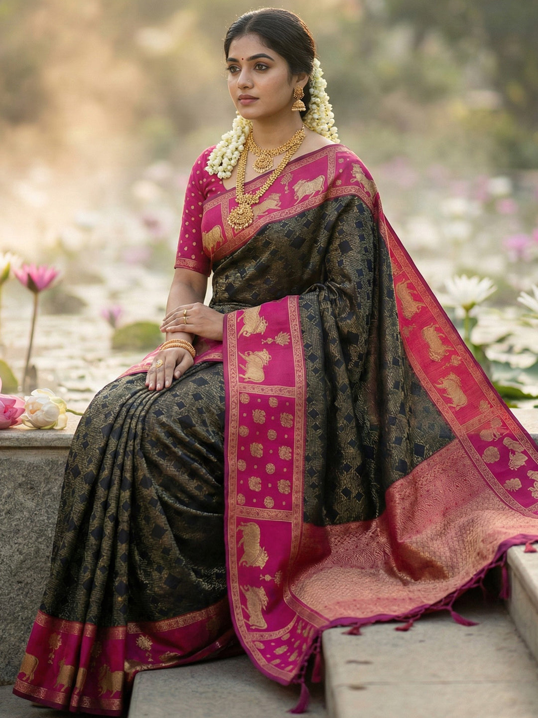 Sutriti Women Black Soft Silk Saree with Pink Nandi Zari Temple Border