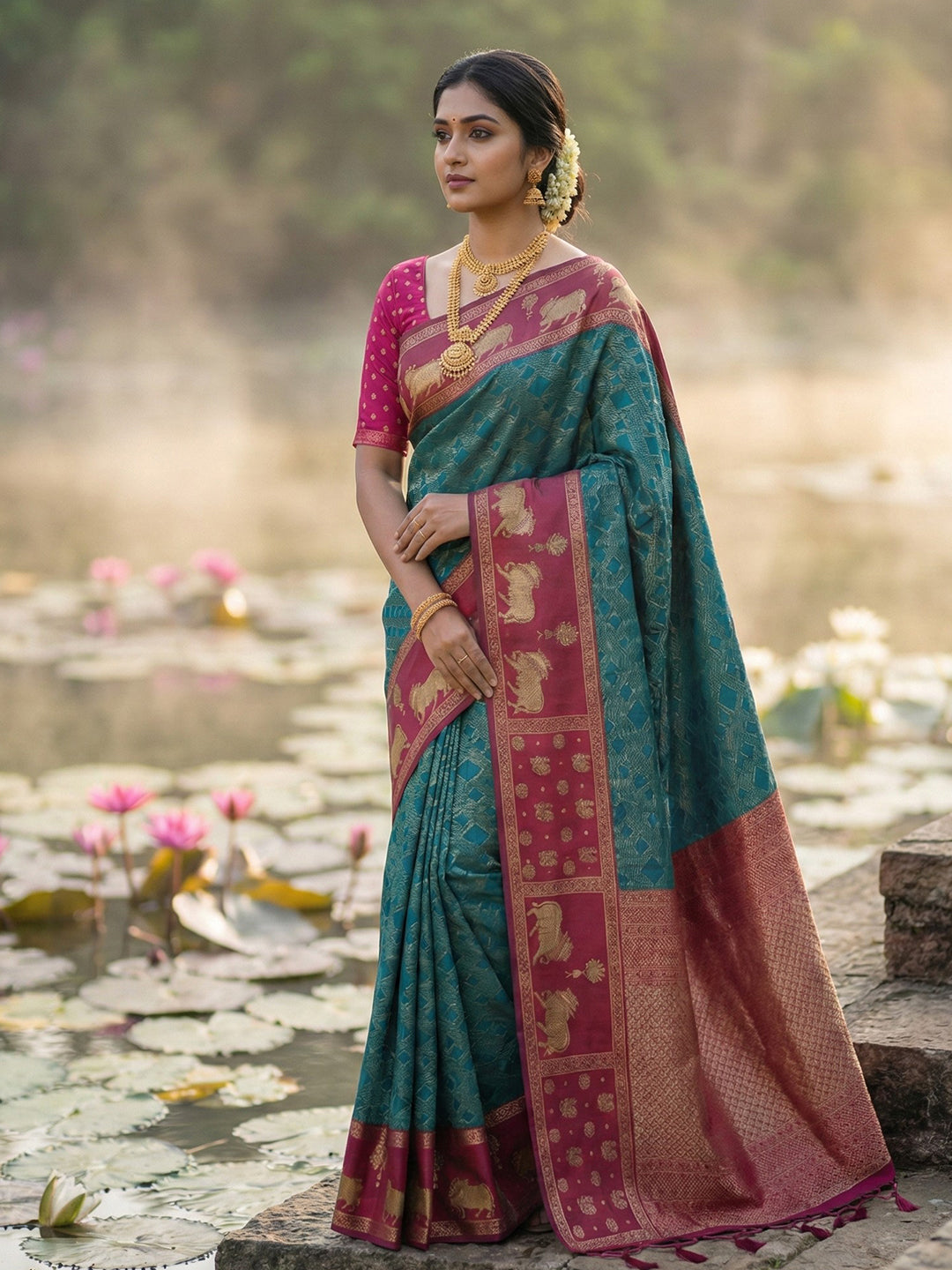 Sutriti Women Teal Blue Soft Silk Saree with Pink Nandi Zari Border