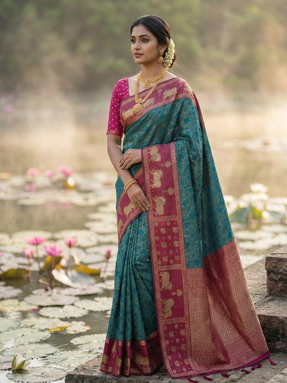 Sutriti Women Teal Blue Soft Silk Saree with Pink Nandi Zari Border