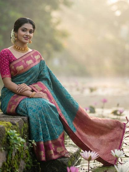 Sutriti Women Teal Blue Soft Silk Saree with Pink Nandi Zari Border