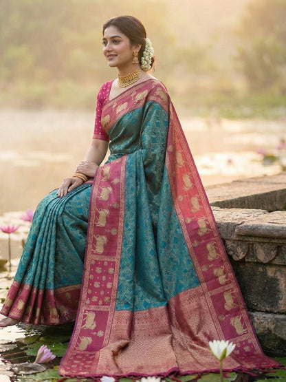 Sutriti Women Teal Blue Soft Silk Saree with Pink Nandi Zari Border