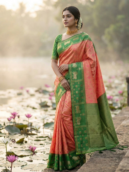 Sutriti Women Peach Soft Silk Saree with Green Nandi Zari Border