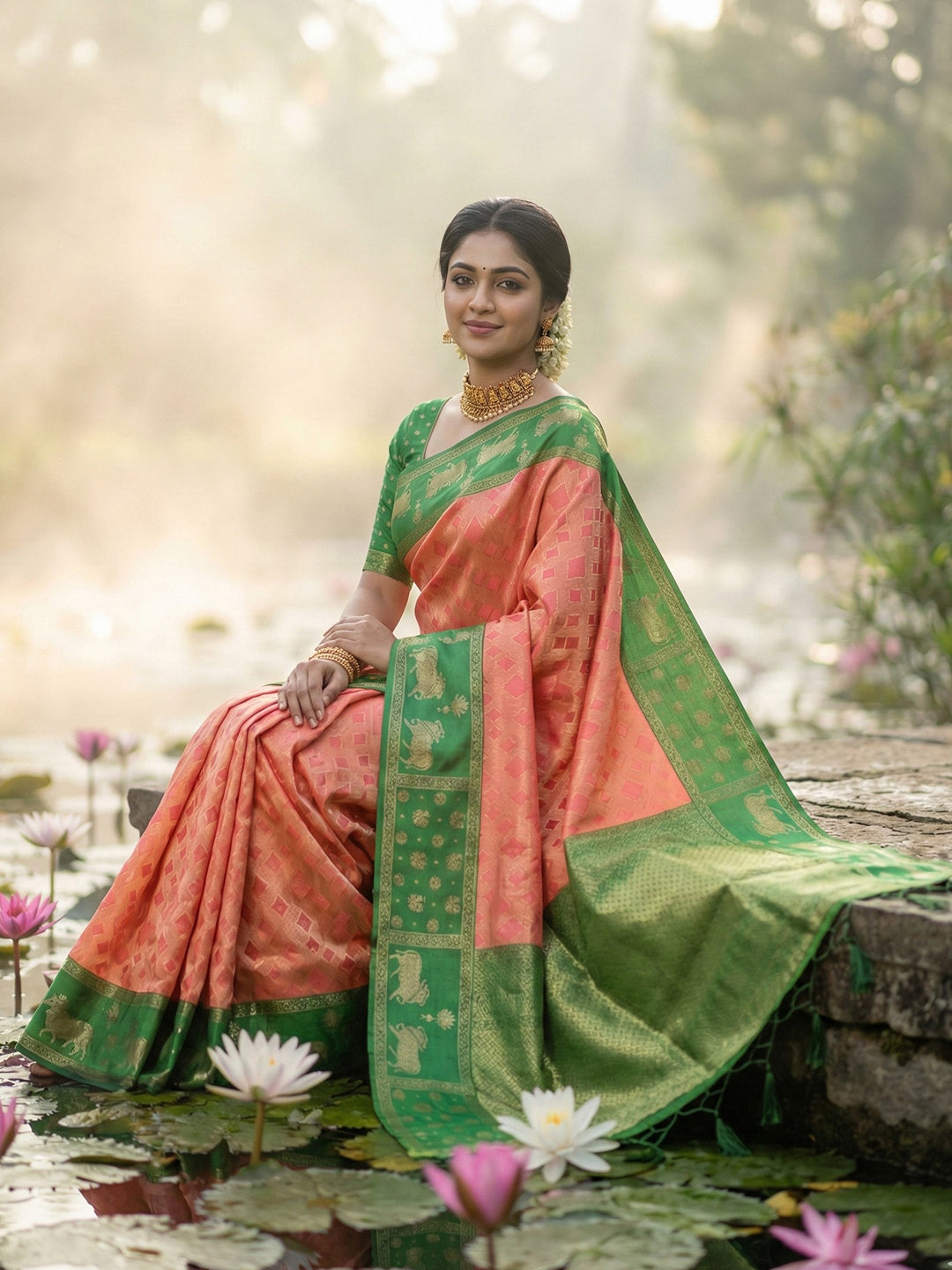 Sutriti Women Peach Soft Silk Saree with Green Nandi Zari Border