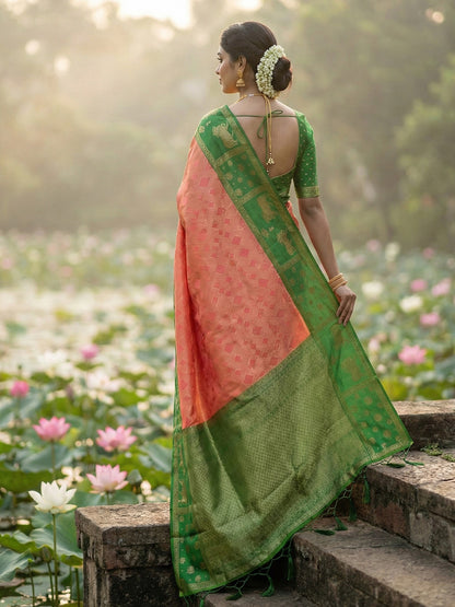 Sutriti Women Peach Soft Silk Saree with Green Nandi Zari Border