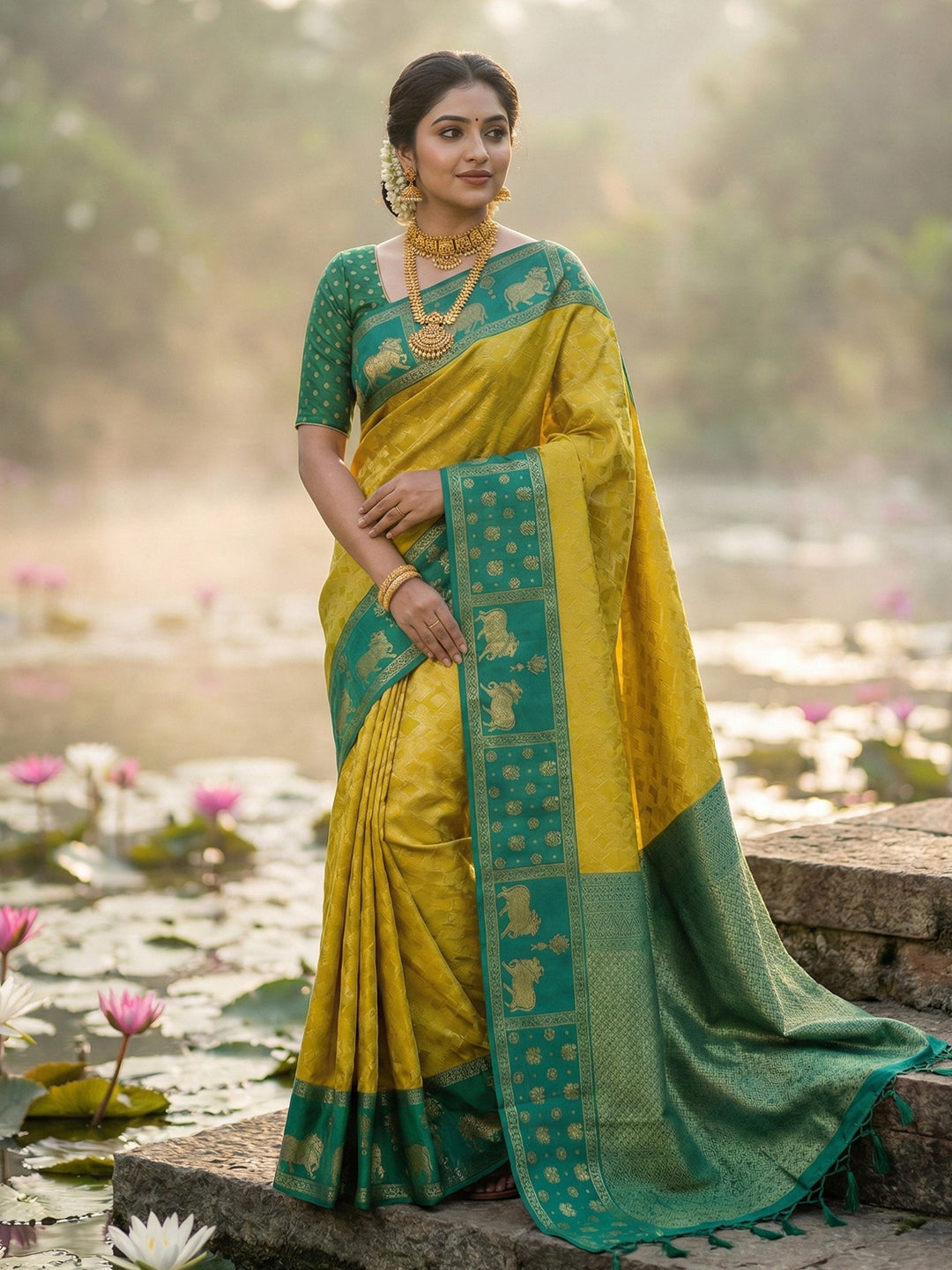 Sutriti Women Yellow Soft Silk Saree with Green Nandi Zari Border