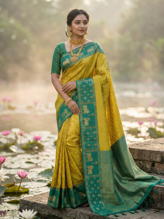Sutriti Women Yellow Soft Silk Saree with Green Nandi Zari Border