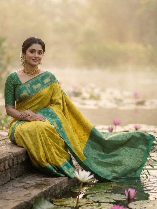 Sutriti Women Yellow Soft Silk Saree with Green Nandi Zari Border