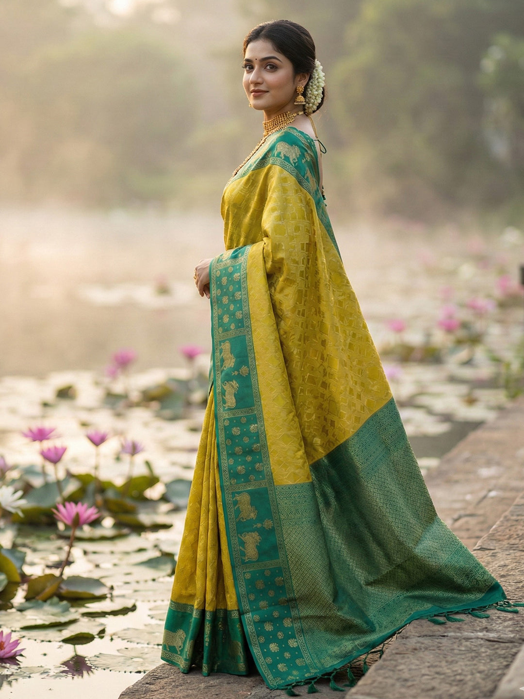 Sutriti Women Yellow Soft Silk Saree with Green Nandi Zari Border