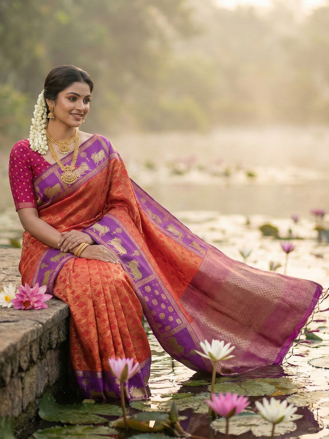 Sutriti Women Rust Orange Soft Silk Saree with Purple Nandi Zari Border