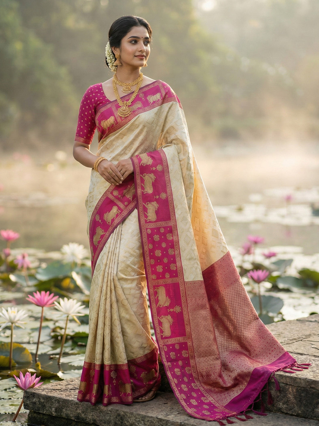 Sutriti Women Cream Soft Silk Saree with Pink Nandi Zari Border
