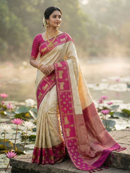 Sutriti Women Cream Soft Silk Saree with Pink Nandi Zari Border