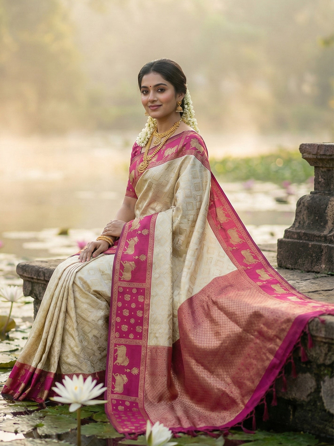 Sutriti Women Cream Soft Silk Saree with Pink Nandi Zari Border