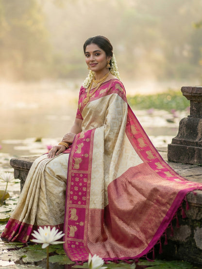 Sutriti Women Cream Soft Silk Saree with Pink Nandi Zari Border
