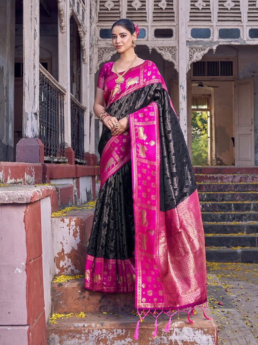Sutriti Black Soft Silk Saree with Rani Pink Border - Ethnic Festive Wedding Saree for Women