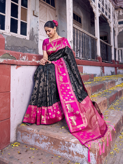 Sutriti Black Soft Silk Saree with Rani Pink Border - Ethnic Festive Wedding Saree for Women