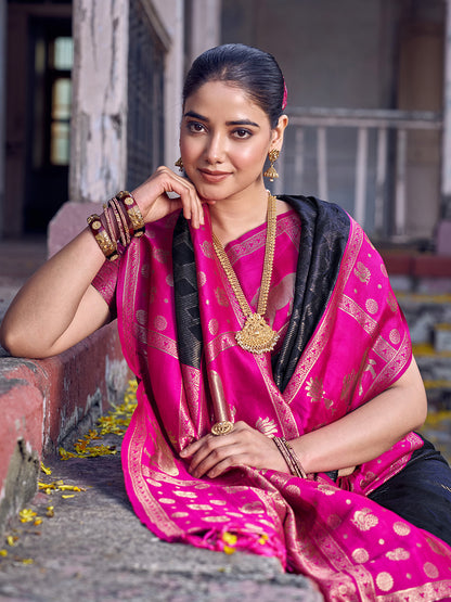 Sutriti Black Soft Silk Saree with Rani Pink Border - Ethnic Festive Wedding Saree for Women