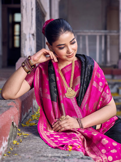 Sutriti Black Soft Silk Saree with Rani Pink Border - Ethnic Festive Wedding Saree for Women