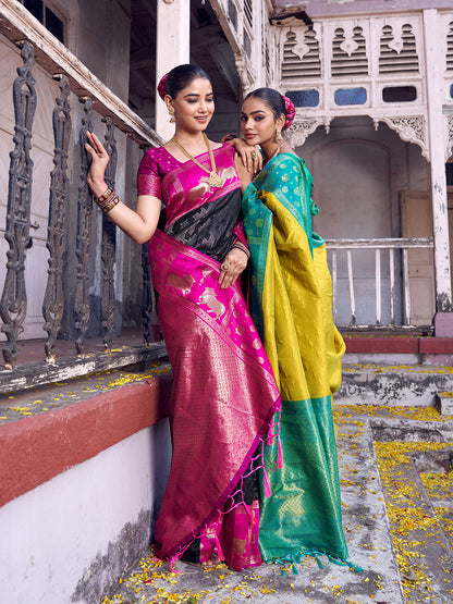 Sutriti Black Soft Silk Saree with Rani Pink Border - Ethnic Festive Wedding Saree for Women