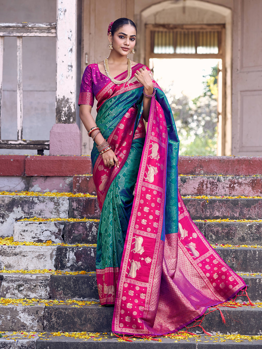 Sutriti Teal Green Soft Silk Saree with Rani Pink Border - Ethnic Festive Wedding Saree for Women