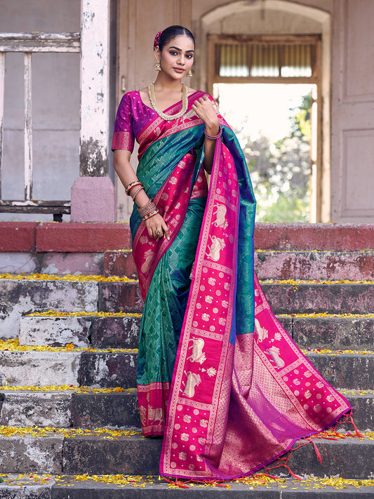 Sutriti Teal Green Soft Silk Saree with Rani Pink Border - Ethnic Festive Wedding Saree for Women