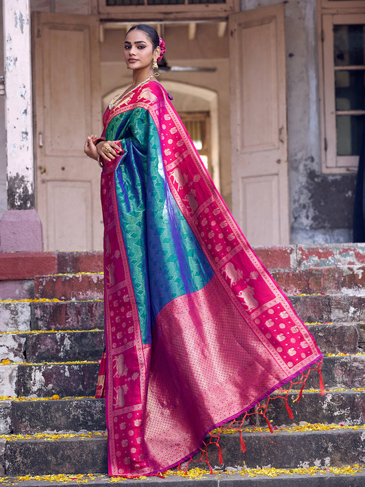 Sutriti Teal Green Soft Silk Saree with Rani Pink Border - Ethnic Festive Wedding Saree for Women