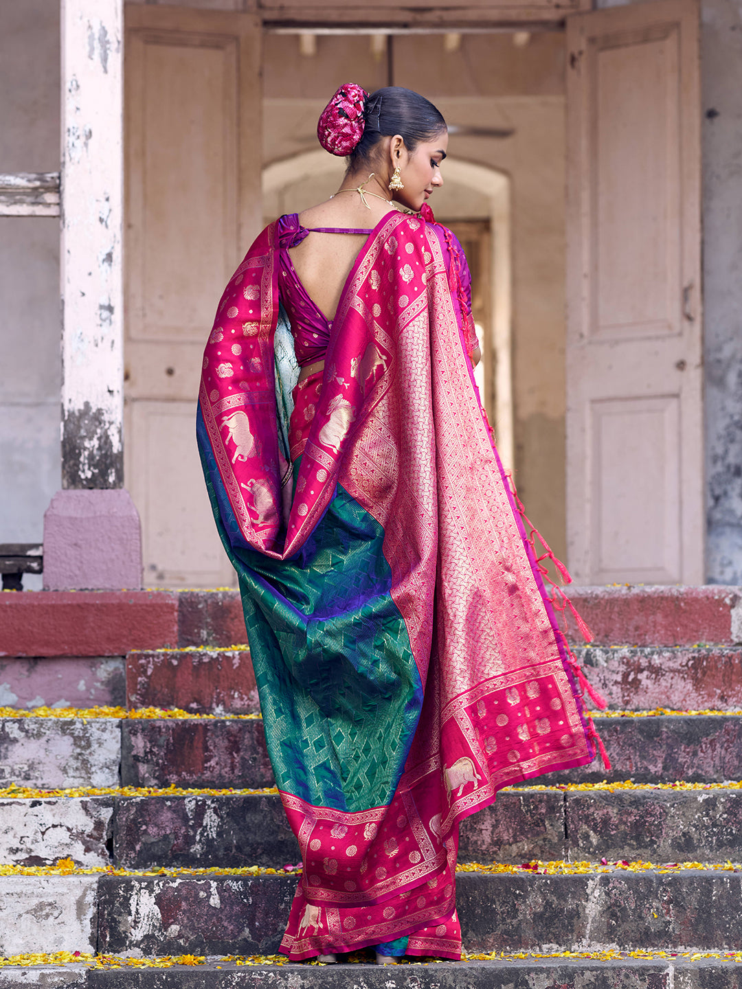 Sutriti Teal Green Soft Silk Saree with Rani Pink Border - Ethnic Festive Wedding Saree for Women