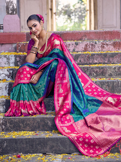 Sutriti Teal Green Soft Silk Saree with Rani Pink Border - Ethnic Festive Wedding Saree for Women